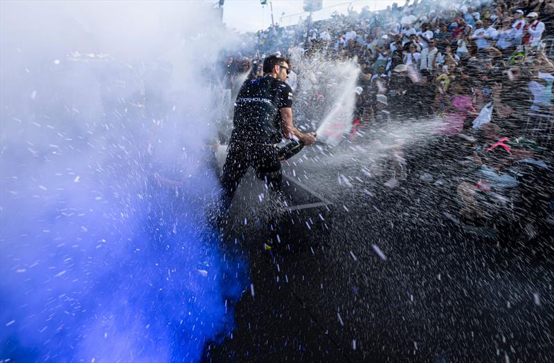 Jason Waterhouse, flight controller of BONDS Flying Roos SailGP Team, sprays Barons De Rothschild Champagne into the crowd, on Race Day 2 of the ENEL Rio Sail Grand Prix - photo © Ricardo Pinto for SailGP