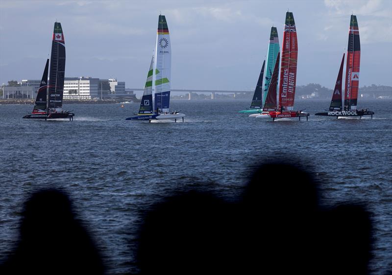 The SailGP fleet in action on Race Day 2 of the ENEL Rio Sail Grand Prix photo copyright Katelyn Mulcahy for SailGP taken at  and featuring the F50 class