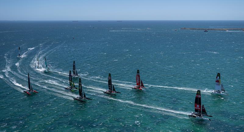 Aerial view of the fleet led by ROCKWOOL Racing SailGP Team helmed by Nicolai Sehested and Germany SailGP Team presented by Deutsche Bank helmed by Erik Kosegarten Heil on Race Day 2 of the Oracle Perth Sail Grand Prix presented by KPMG photo copyright James Gourley for SailGP taken at  and featuring the F50 class