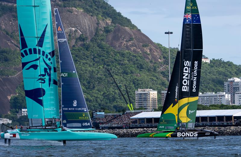 BONDS Flying Roos SailGP Team driven by Tom Slingsby and United States SailGP Team driven by Taylor Canfield in front of the grandstand on Race Day 2 of the ENEL Rio Sail Grand Prix photo copyright Jason Ludlow for SailGP taken at  and featuring the F50 class