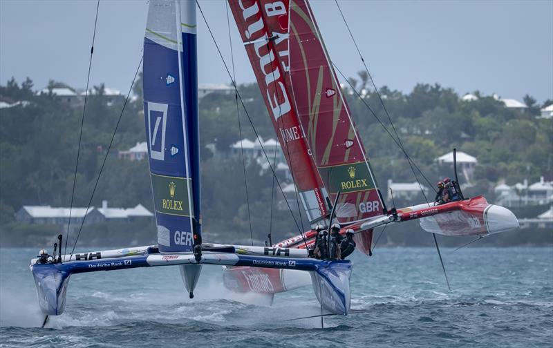 Emirates Great Britain SailGP Team driven by Dylan Fletcher looses control whilst racing behind Germany SailGP Team presented by Deutsche Bank driven by Erik Kosegarten Heil on Race Day 1 of the Apex Group Bermuda Sail Grand Prix - photo © Jason Ludlow for SailGP