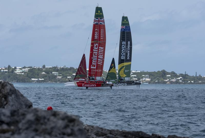 Emirates Great Britain SailGP Team driven by Dylan Fletcher ahead of BONDS Flying Roos SailGP Team driven by Tom Slingsby during racing on Race Day 1 of the Apex Group Bermuda Sail Grand Prix - photo © Jason Ludlow for SailGP