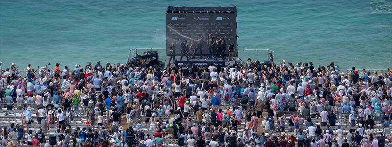The BONDS Flying Roos SailGP Team spray Barons De Rothschild Champagne on the podium following victory in the final race of the event on Race Day 2 of the Apex Group Bermuda Sail Grand Prix - photo © Bob Martin for SailGP