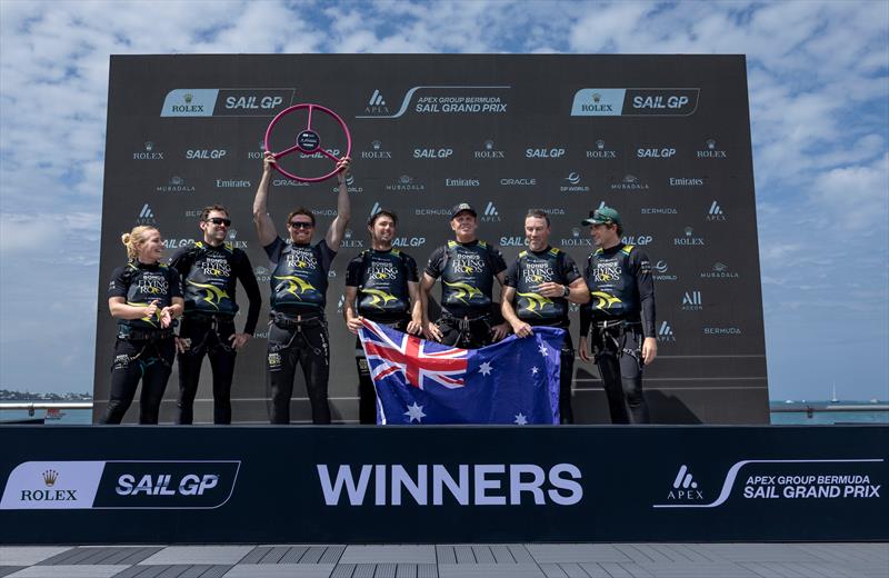 BONDS Flying Roos SailGP Team hold the winners trophy wheel on stage during the presentation after winning the final race on Race Day 2 of the Apex Group Bermuda Sail Grand Prix - photo © Katelyn Mulcahy for SailGP