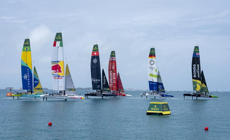BONDS Flying Roos SailGP Team driven by Tom Slingsby leads the SailGP F50 catamaran fleet over the start line on Race Day 2 of the Apex Group Bermuda Sail Grand Prix - photo © Jason Ludlow for SailGP