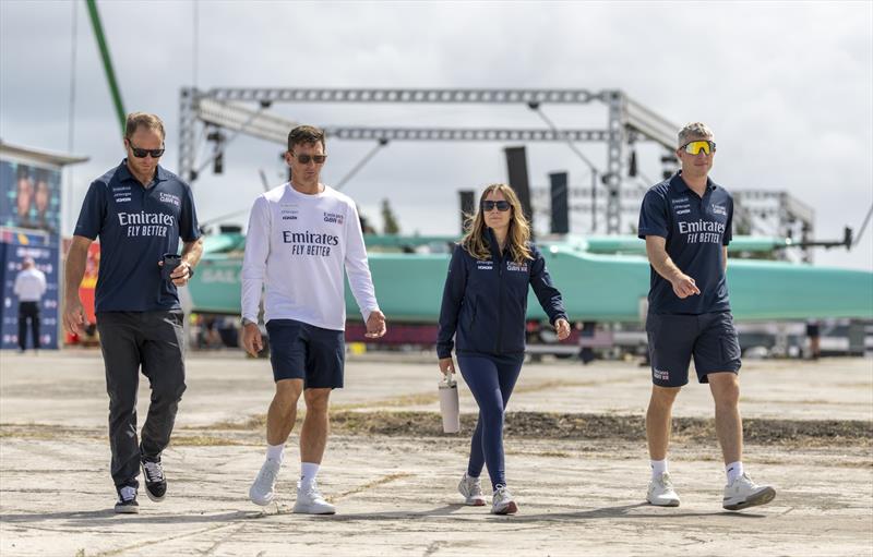 Luke Parkinson, Dylan Fletcher, Hannah Mills, and Stuart Bithell in the technical area on Race Day 1 of the Apex Group Bermuda Sail Grand Prix - photo © Felix Diemer for SailGP