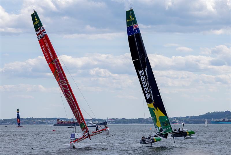 BONDS Flying Roos SailGP Team driven by Tom Slingsby and Emirates Great Britain SailGP Team driven by Dylan Fletcher race for the finishing line on Race Day 2 of the Mubadala New York Sail Grand Prix - photo © Katelyn Mulcahy for SailGP