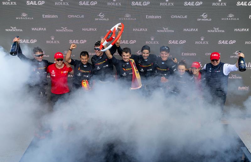 Los Gallos SailGP Team celebrate on stage with Barons De Rothschild Champagne after winning the final race on Race Day 2 of the Canada Sail Grand Prix in Halifax, Canada - photo © Jed Jacobsohn for SailGP