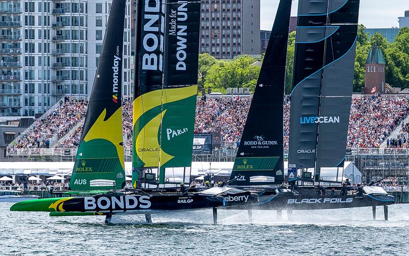 Bonds Floing Roos to leeward of Black Foils (NZL) - Race Day 2 - Canada Sail Grand Prix in Halifax - June 22, 2026, - photo © Samo Vidic/SailGP