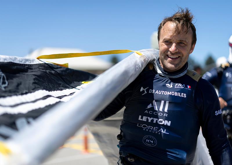 Leigh McMillan, wing trimmer of DS Automobiles SailGP Team France, carries a Doyle Sails in the technical area on Race Day 2 of the Oracle Perth Sail Grand Prix presented by KPMG in Perth, Australia - photo © Samo Vidic for SailGP