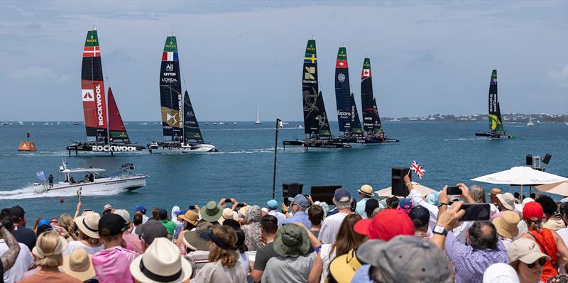 BONDS Flying Roos SailGP Team driven by Tom Slingsby leads the F50 catamaran fleet sail past the grandstand on Race Day 2 of the Apex Group Bermuda Sail Grand Prix in Bermuda - photo © Katelyn Mulcahy for SailGP