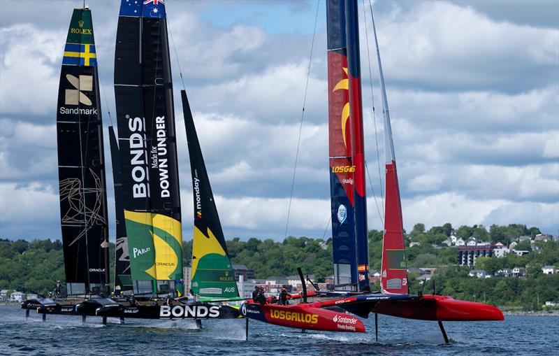 Los Gallos SailGP Team driven by Diego Botin leads BONDS Flying Roos SailGP Team driven by Tom Slingsby and Artemis SailGP Team driven by Nathan Outteridge on Race Day 2 of the Canada Sail Grand Prix - photo © Jason Ludlow for SailGP