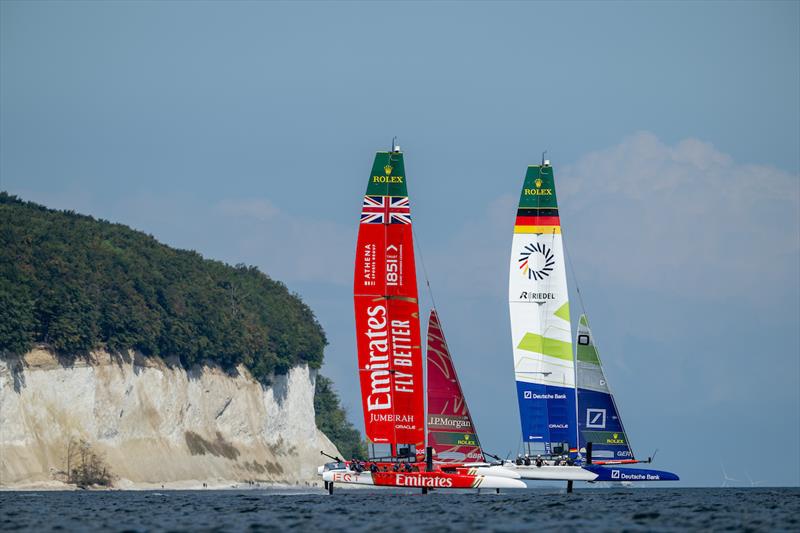 Germany SailGP Team presented by Deutsche Bank driven by Erik Kosegarten Heil and Emirates Great Britain SailGP Team driven by Dylan Fletcher during a practice session ahead of the ROCKWOOL Germany Sail Grand Prix in Sassnitz, Germany - photo © Ricardo Pinto for SailGP