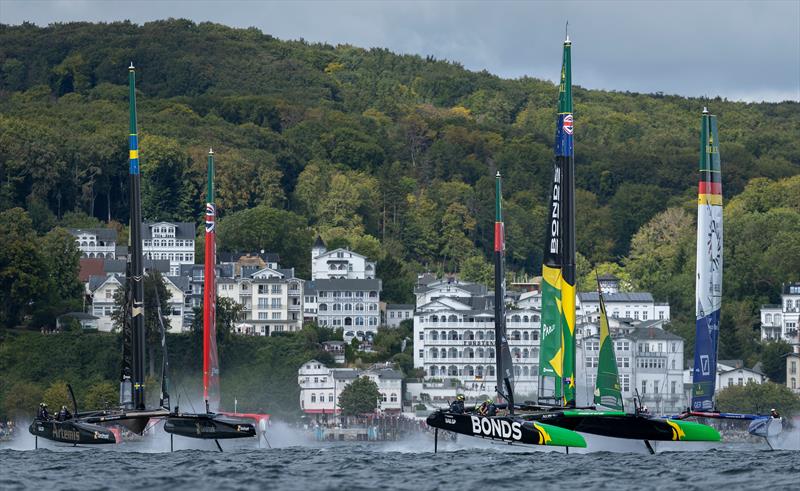BONDS Flying Roos SailGP Team and Germany SailGP Team presented by Deutsche Bank lead NORTHSTAR SailGP Team, Emirates Great Britain SailGP Team and Artemis SailGP Team on Race Day 1 of the ROCKWOOL Germany Sail Grand Prix - photo © Felix Diemer for SailGP