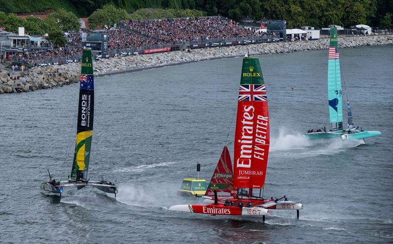 United States SailGP Team driven by Taylor Canfield leads BONDS Flying Roos SailGP Team driven by Tom Slingsby and Emirates Great Britain SailGP Team driven by Dylan Fletcher on Race Day 1 of the ROCKWOOL Germany Sail Grand Prix - photo © Ricardo Pinto for SailGP