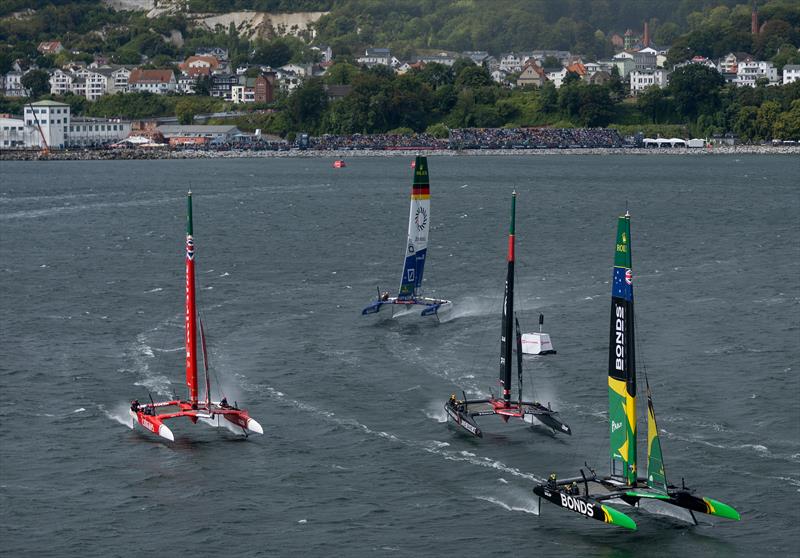 BONDS Flying Roos SailGP Team leads NORTHSTAR SailGP Team, Emirates Great Britain SailGP Team and Germany SailGP Team presented by Deutsche Bank on Race Day 2 of the ROCKWOOL Germany Sail Grand Prix photo copyright Felix Diemer for SailGP taken at  and featuring the F50 class