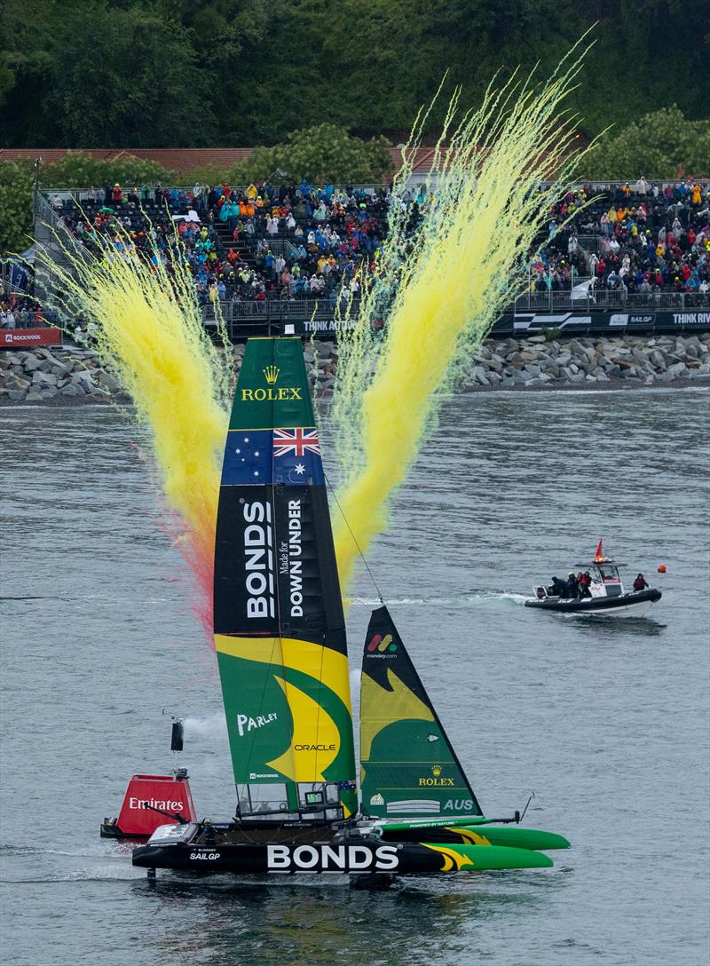 BONDS Flying Roos SailGP Team driven by Tom Slingsby crosses the finish line to win the final race on Race Day 2 of the ROCKWOOL Germany Sail Grand Prix photo copyright Felix Diemer for SailGP taken at  and featuring the F50 class