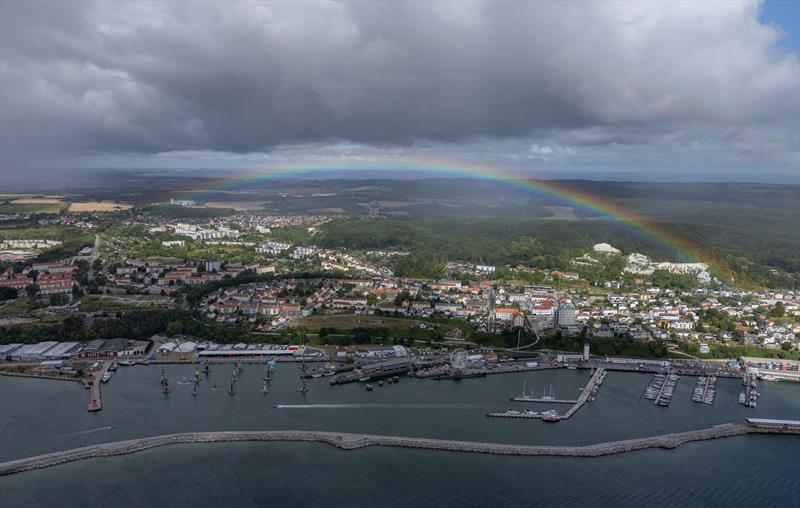 A rainbow over Sassnitz on Race Day 2 of the ROCKWOOL Germany Sail Grand Prix photo copyright Felix Diemer for SailGP taken at  and featuring the F50 class