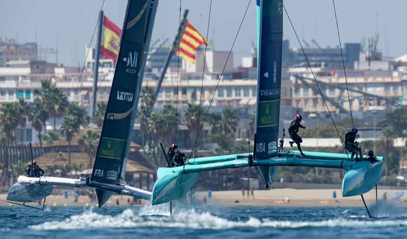 Michael Menninger, wing trimmer of United States SailGP Team, runs across the boat as United States SailGP Team leads DS Automobiles SailGP Team France in a practice session ahead of the Spain Sail Grand Prix - photo © Felix Diemer for SailGP