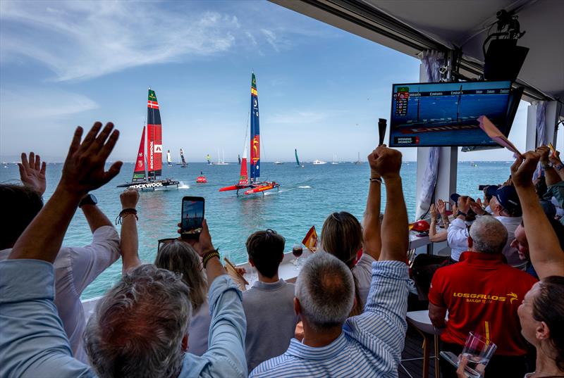 Los Gallos (ESP) and Denmark in  a very close finish - Day 1 - Spain Sail Grand Prix - Valencia - September 5, 2026 - photo © Andrew Baker/SailGP