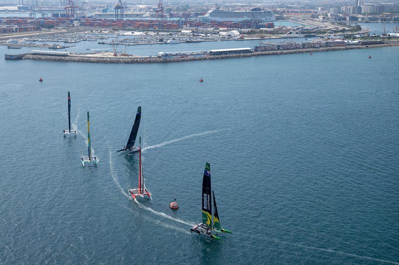 The SailGP F50 catamaran fleet in action on Race Day 1 of the Spain Sail Grand Prix in Valencia, Spain - photo © Ricardo Pinto for SailGP