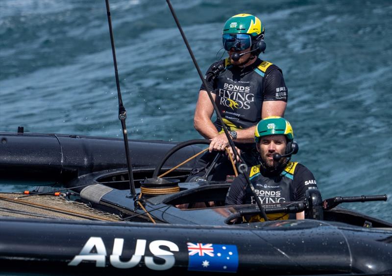 Tom Slingsby, driver of BONDS Flying Roos SailGP Team, and Kinley Fowler, grinder of BONDS Flying Roos SailGP Team, in action on Race Day 1 of the Spain Sail Grand Prix in Valencia, Spain - photo © Jason Ludlow for SailGP