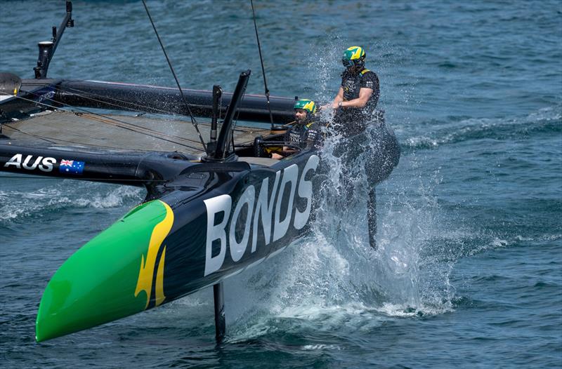 Tom Slingsby, driver of BONDS Flying Roos SailGP Team, and Kinley Fowler, grinder of BONDS Flying Roos SailGP Team, in action on Race Day 1 of the Spain Sail Grand Prix in Valencia, Spain - photo © Jason Ludlow for SailGP
