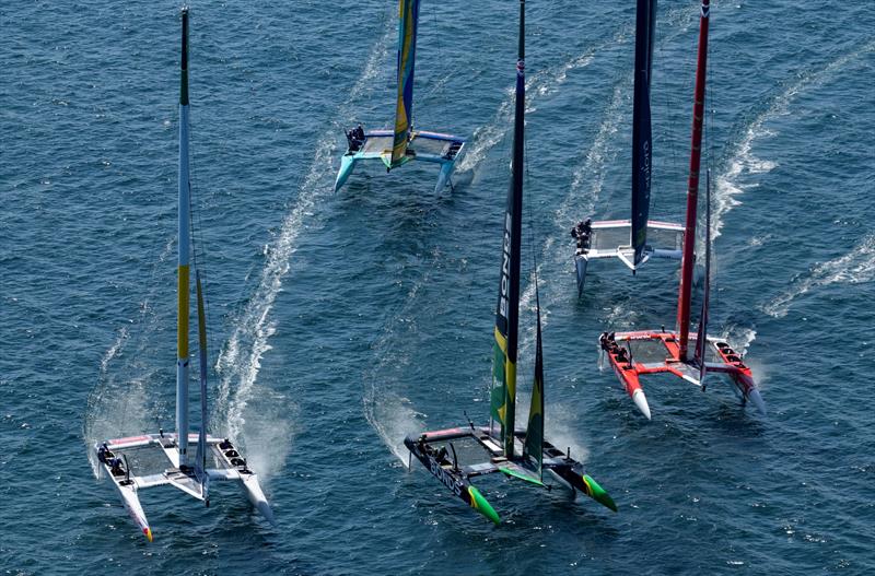 BONDS Flying Roos SailGP Team driven by Tom Slingsby leads the SailGP F50 fleet in a practice session ahead of the Spain Sail Grand Prix in Valencia, Spain - photo © Samo Vidic for SailGP