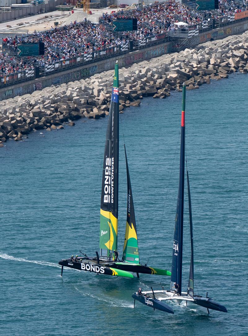 BONDS Flying Roos SailGP Team driven by Tom Slingsby and Explora Journeys Swiss SailGP Team driven by Sebastien Schneiter in action on Race Day 1 of the Spain Sail Grand Prix in Valencia, Spain - photo © Ricardo Pinto for SailGP