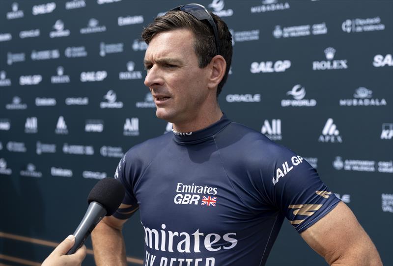 Dylan Fletcher, driver of Emirates Great Britain SailGP Team, speaks to the media in the Mixed Zone on Race Day 2 of the Spain Sail Grand Prix in Valencia, Spain - photo © Samo Vidic for SailGP