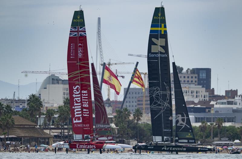 Artemis SailGP Team driven by Nathan Outteridge leads Emirates Great Britain SailGP Team on Race Day 2 of the Spain Sail Grand Prix in Valencia, Spain - photo © Ricardo Pinto for SailGP