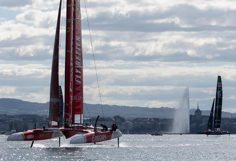 Emirates Great Britain SailGP Team driven by Dylan Fletcher sail near the Jet d'Eau during a practice session ahead of the Switzerland Sail Grand Prix in Geneva, Switzerland - photo © Felix Diemer for SailGP