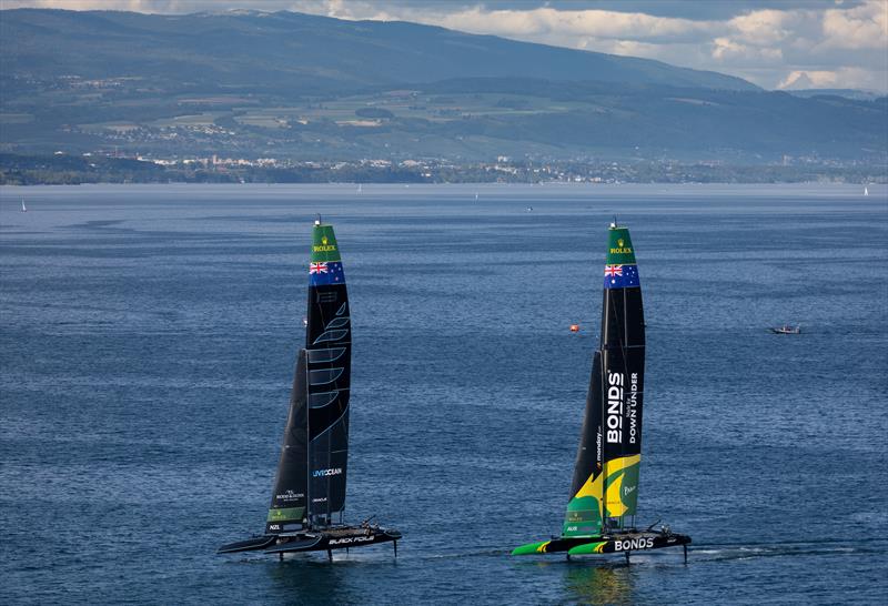 Black Foils SailGP Team driven by Peter Burling ahead of BONDS Flying Roos SailGP Team driven by Tom Slingsby during a practice session ahead of the Switzerland Sail Grand Prix in Geneva, Switzerland - photo © Jonathan Nackstrand for SailGP
