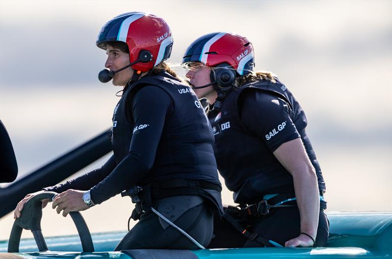 Martine Grael, interim driver of United States SailGP Team, in action alongside Anna Weis, grinder and jib trimmer of United States SailGP Team, during a practice racing session ahead of the Switzerland Sail Grand Prix in Geneva, Switzerland - photo © Felix Diemer for SailGP