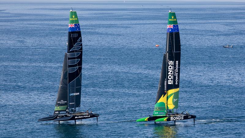 Black Foils SailGP Team ahead of Bonds Flying Roos SailGP Team (AUS) during a practice session ahead of the Switzerland Sail Grand Prix in Geneva, Switzerland. Sept 18, 2026 photo copyright Jonathan Nackstrand/SailGP taken at Société Nautique de Genève and featuring the F50 class