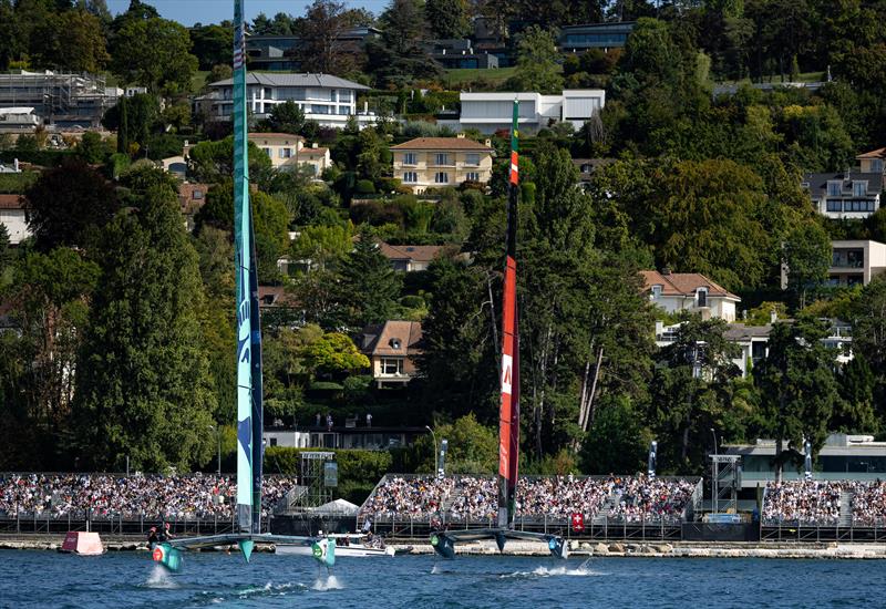 United States SailGP Team driven by interim driver Martine Grael racing against ROCKWOOL Racing SailGP Team driven by Nicolai Sehested on Race Day 1 of the Switzerland Sail Grand Prix in Geneva, Switzerland photo copyright Felix Diemer for SailGP taken at  and featuring the F50 class
