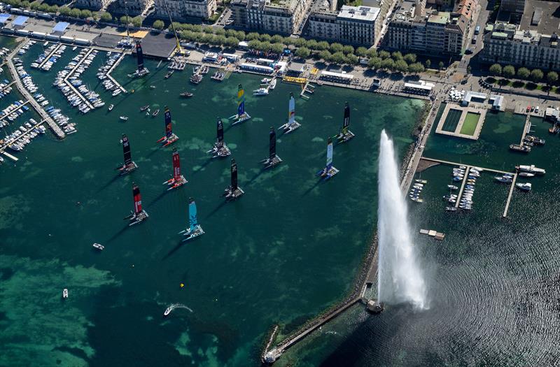 Aerial view looking over the SailGP fleet on their moorings outside the technical area and the Jet d'Eau on Race Day 1 of the Switzerland Sail Grand Prix in Geneva, Switzerland photo copyright Ricardo Pinto for SailGP taken at  and featuring the F50 class