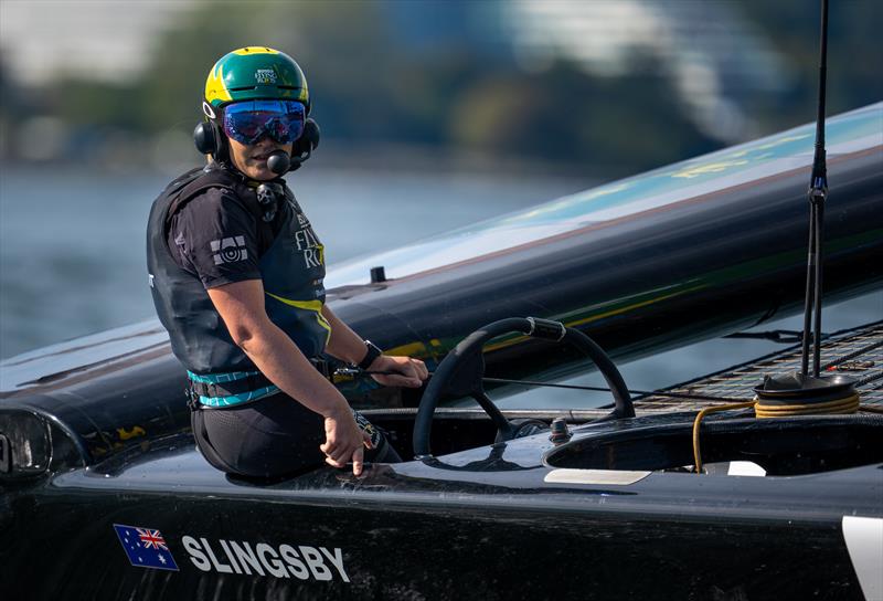 Tash Bryant, strategist of BONDS Flying Roos on Race Day 1 of the Switzerland Sail Grand Prix in Geneva, Switzerland photo copyright Jason Ludlow for SailGP taken at  and featuring the F50 class