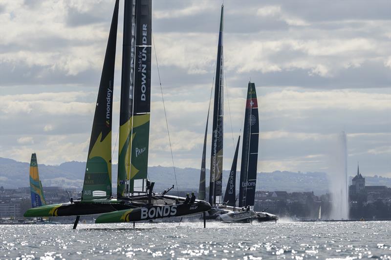 BONDS Flying Roos SailGP Team lead Explora Journeys Swiss SailGP Team and DS Automobiles SailGP Team France away from the Jet d'Eau during a practice session ahead of the Switzerland Sail Grand Prix photo copyright Felix Diemer for SailGP taken at  and featuring the F50 class