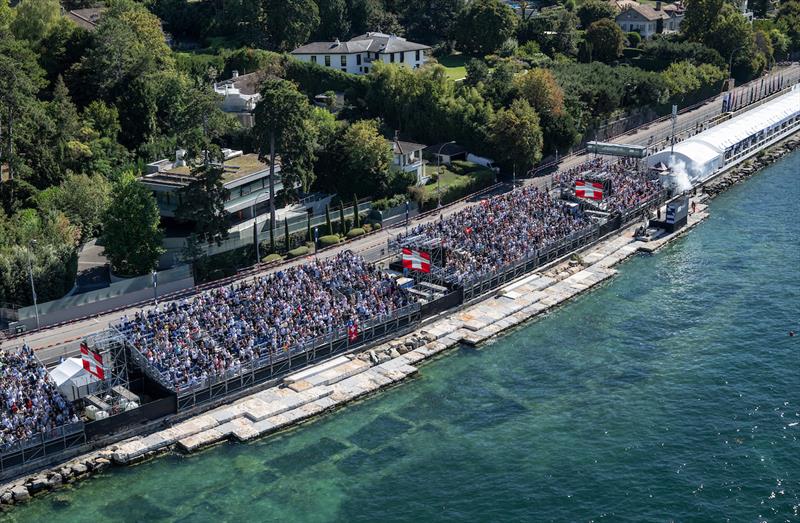 Aerial view as spectators fill the grandstand in the race stadium on Race Day 1 of the Switzerland Sail Grand Prix in Geneva, Switzerland photo copyright Ricardo Pinto for SailGP taken at  and featuring the F50 class