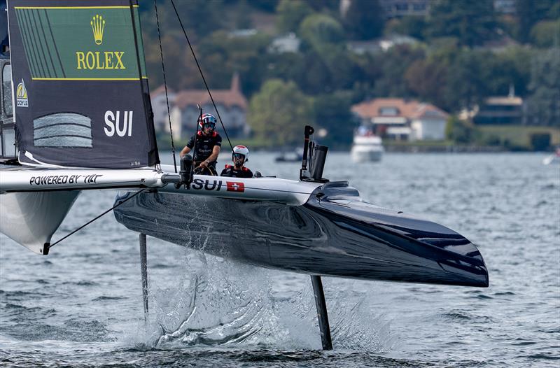 Explora Journeys Swiss SailGP Team driven by Sebastien Schneiter in action on Race Day 2 of the Switzerland Sail Grand Prix in Geneva, Switzerland photo copyright Jason Ludlow for SailGP taken at  and featuring the F50 class