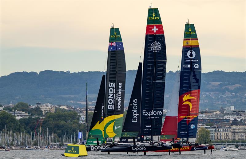 BONDS Flying Roos SailGP Team ahead of Explora Journeys Swiss SailGP Team and Los Gallos SailGP Team during racing on Race Day 2 of the Switzerland Sail Grand Prix in Geneva, Switzerland photo copyright Ricardo Pinto for SailGP taken at  and featuring the F50 class
