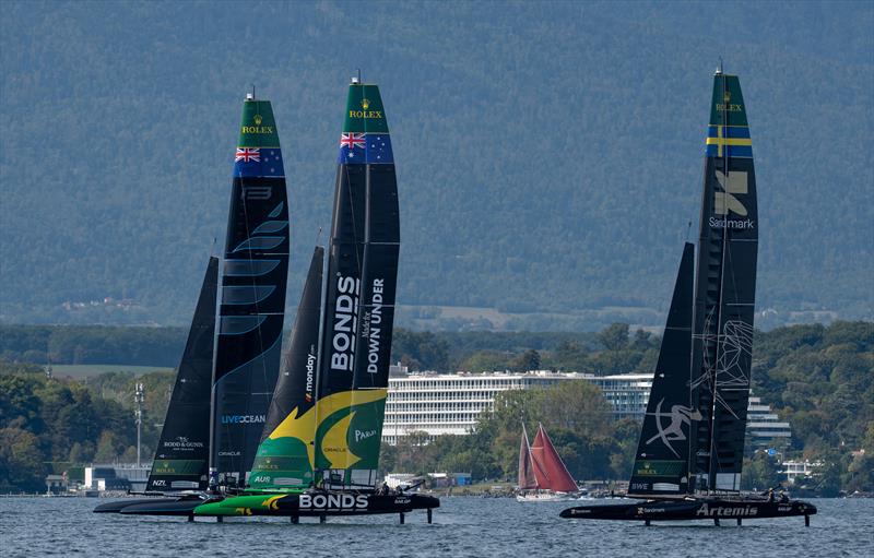Black Foils SailGP Team driven by Peter Burling ahead of BONDS Flying Roos SailGP Team ahead of Artemis SailGP Team during practice sailing on Race Day 2 of the Switzerland Sail Grand Prix in Geneva, Switzerland photo copyright Jason Ludlow for SailGP taken at  and featuring the F50 class