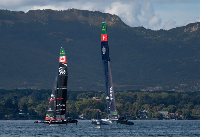 NORTHSTAR SailGP Team driven by Giles Scott and Explora Journeys Swiss SailGP Team driven by Sebastien Schneiter during a practice session ahead of the Switzerland Sail Grand Prix in Geneva, Switzerland photo copyright Jason Ludlow for SailGP taken at  and featuring the F50 class