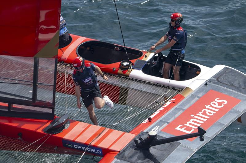 Dylan Fletcher, driver of Emirates Great Britain SailGP Team, and Stuart Bithell, wing trimmer of Emirates Great Britain SailGP Team, in action on Race Day 1 of the Spain Sail Grand Prix in Valencia, Spain photo copyright Ricardo Pinto for SailGP taken at  and featuring the F50 class