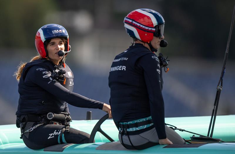 Martine Grael, interim driver of United States SailGP Team, alongside Michael Menninger, wing trimmer  of the US SailGP team - Switzerland Sail Grand Prix - September 2026  photo copyright Felix Diemer/SailGP taken at Société Nautique de Genève and featuring the F50 class