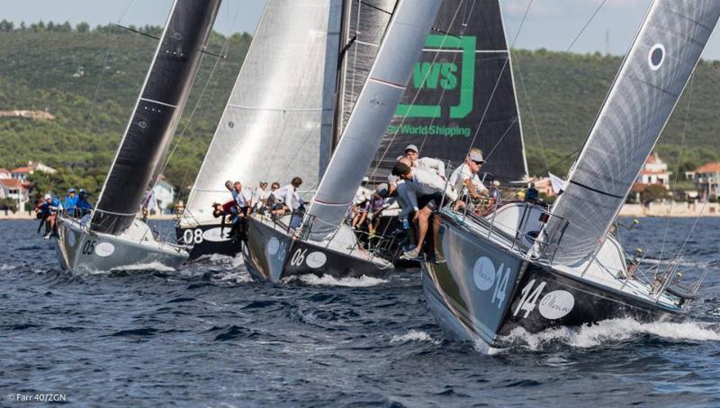 Plenty holds a slight lead as the fleet sails upwind in tight quarters on the Adriatic Sea with the coastline of Zadar visible in the background during the D-Marin Farr 40 Zadar Regatta - photo © Farr 40 / ZGN