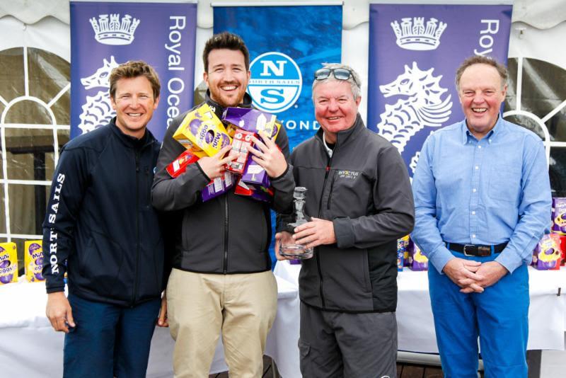 Sir Keith Mills and son Alex receive their prizes for Invictus' FAST40 victory at the RORC Easter Challenge photo copyright Paul Wyeth / www.pwpictures.com taken at Royal Ocean Racing Club and featuring the Fast 40 class