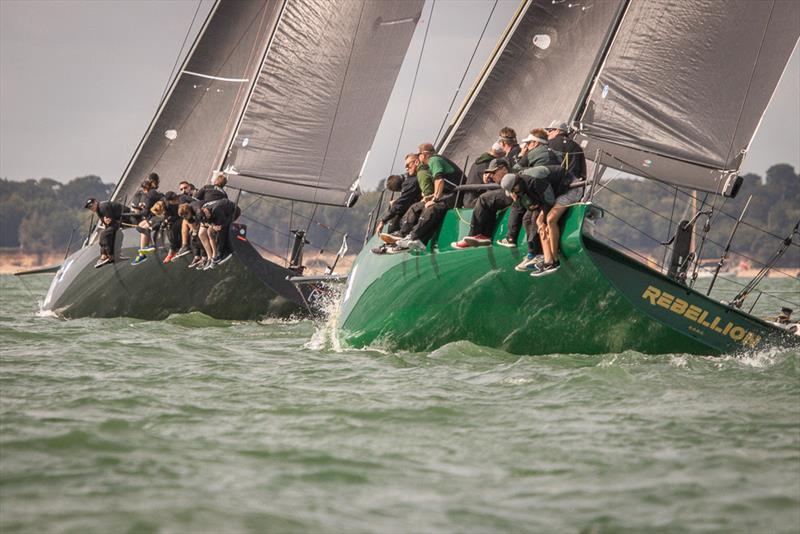 Niklas Zennstrom's Ran and Stewart Whitehead's Rebellion on day 3 of the 2018 Wight Shipyard One Ton Cup photo copyright VR Sport Media taken at Royal Ocean Racing Club and featuring the Fast 40 class