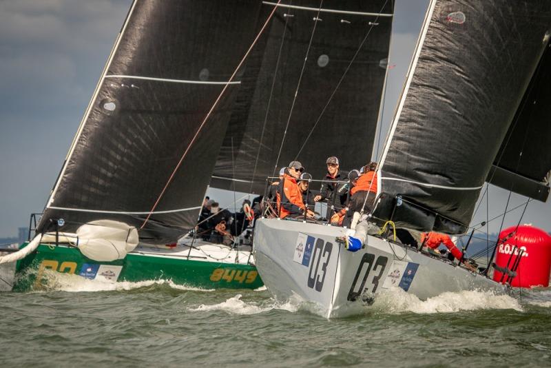 Close action in the Wight Shipyard One Ton Cup between Bas de Voogd's Hitchhiker and Stewart Whitehead's Rebellion photo copyright VR Sport Media taken at Royal Ocean Racing Club and featuring the Fast 40 class